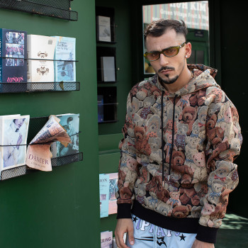 Tapestry Jacquard Hoodie for Men – All-Over Bear Pattern, Custom Logo OEM