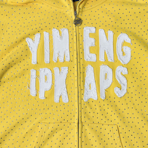 Rhinestone Zip Hoodie | Yellow Crystal Studded Full Zip Sweatshirt