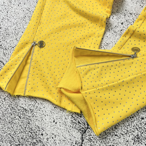 Custom Rhinestone Sweatpants | Yellow Zip Track Pants – OEM Manufacturer