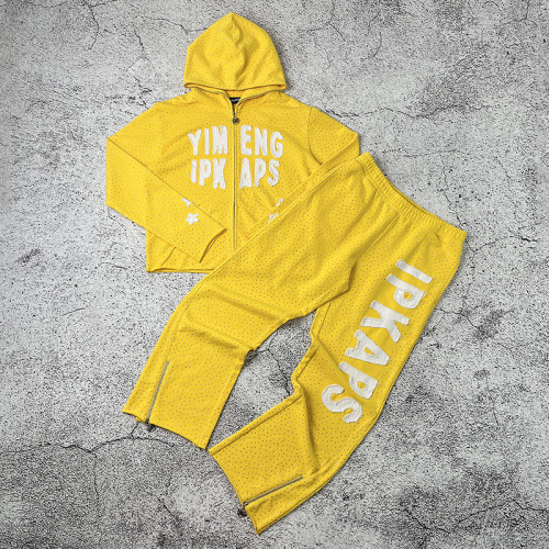 Custom Yellow Rhinestone Tracksuit Set Manufacturer for Private Label