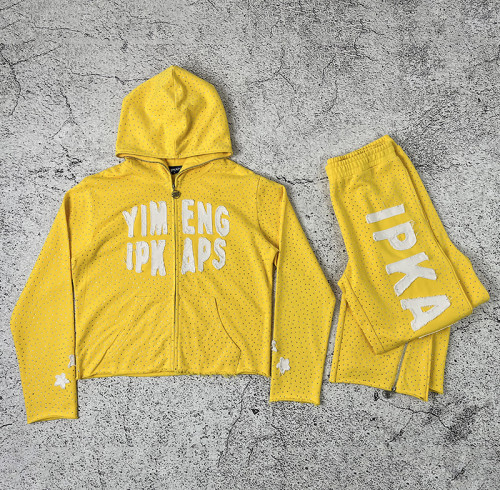 Custom Yellow Rhinestone Tracksuit Set Manufacturer for Private Label