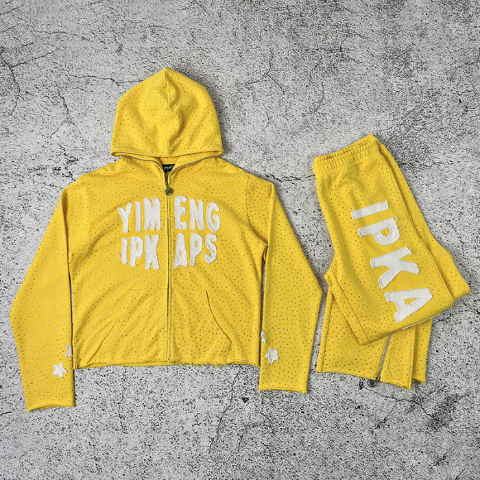 Custom Yellow Rhinestone Tracksuit Set Manufacturer for Private Label