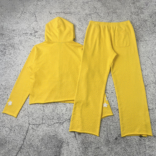 Custom Yellow Rhinestone Tracksuit Set Manufacturer for Private Label