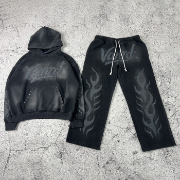Custom Tracksuit Manufacturers Flame Fleece Hoodie Set for Streetwear