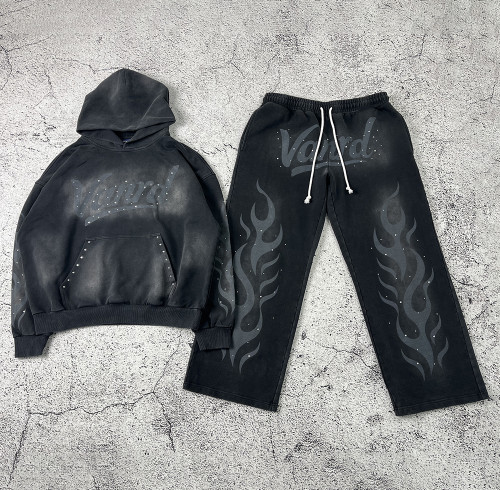 Custom Tracksuit Manufacturers Flame Fleece Hoodie Set for Streetwear