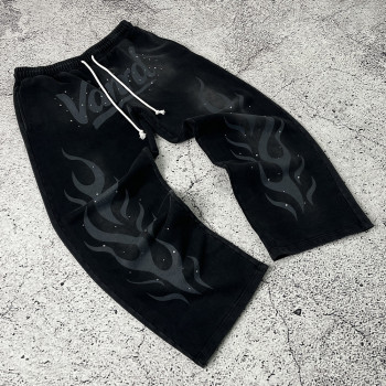 Black flame custom wide leg sweatpants for streetwear brands