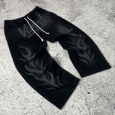 Black flame custom wide leg sweatpants for streetwear brands