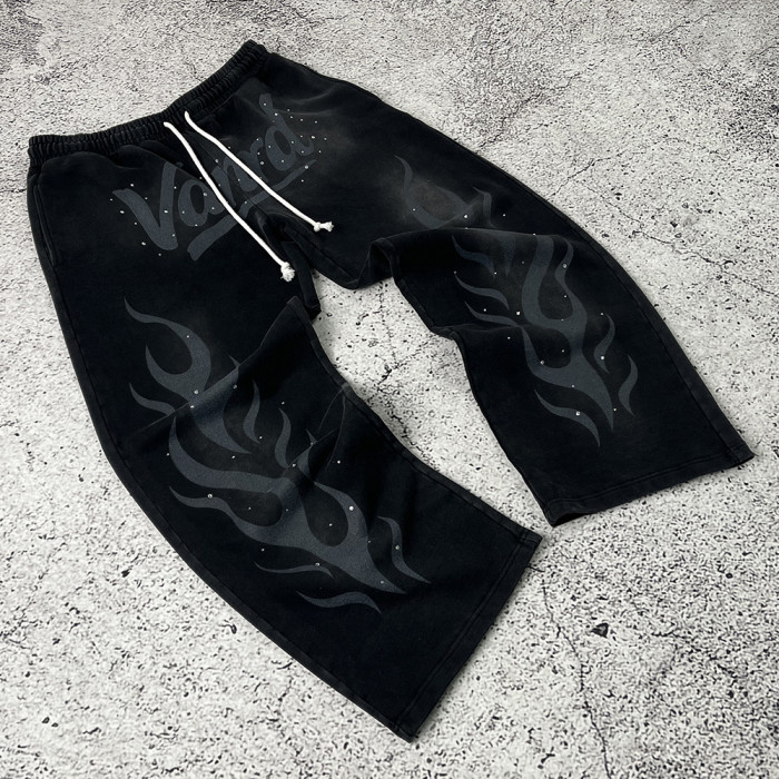 Black flame custom wide leg sweatpants for streetwear brands