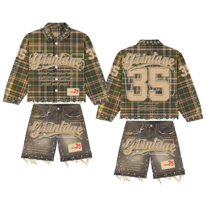 Custom Tracksuit Set with Plaid Shirt and Denim Shorts