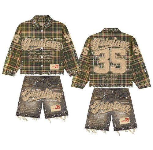 Custom Tracksuit Set with Plaid Shirt and Denim Shorts