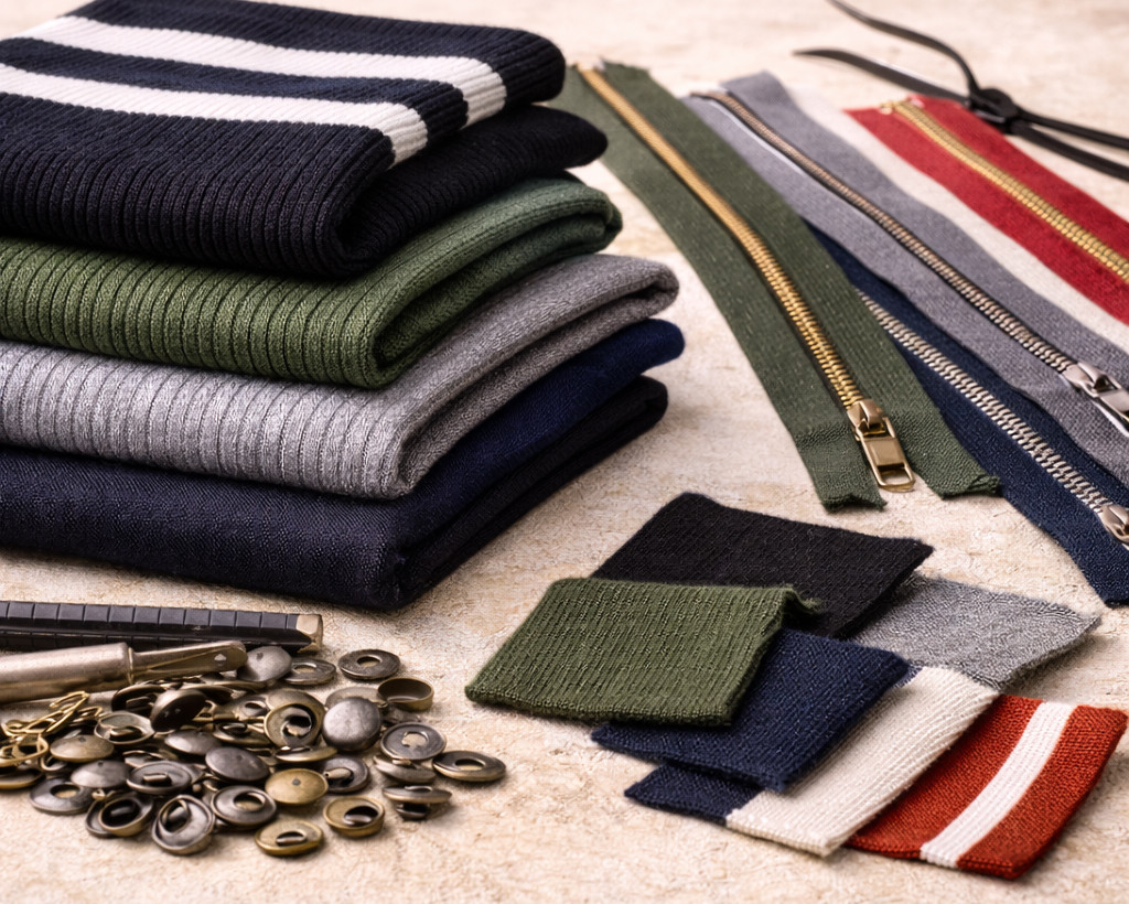 Jacket zippers, snaps, and ribs detail