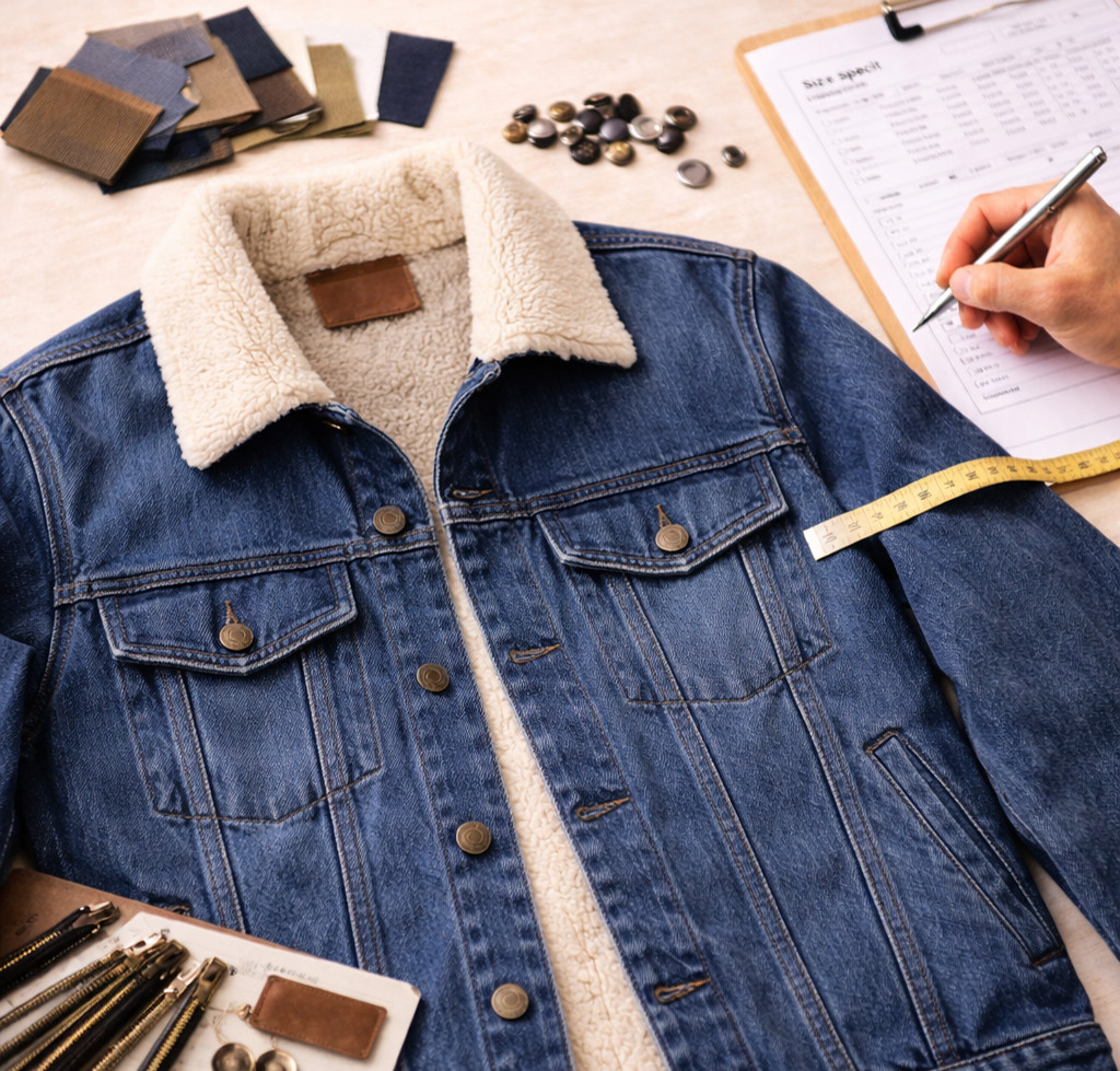 Custom jacket sample review with size chart, trims, and fabric cards