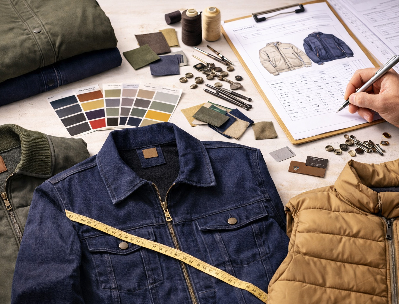 Folded custom jacket with brand label, zipper, snap button, fabric swatch, patch, and tech pack sheet