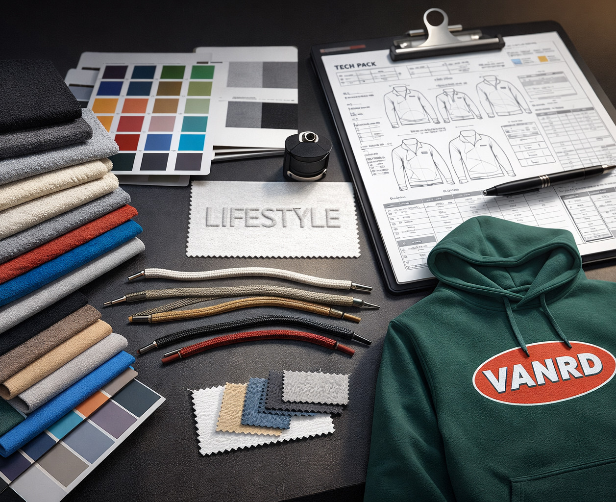 Custom hoodie development desk with fleece swatches, drawcords, print artwork, embroidery sample and tech pack
