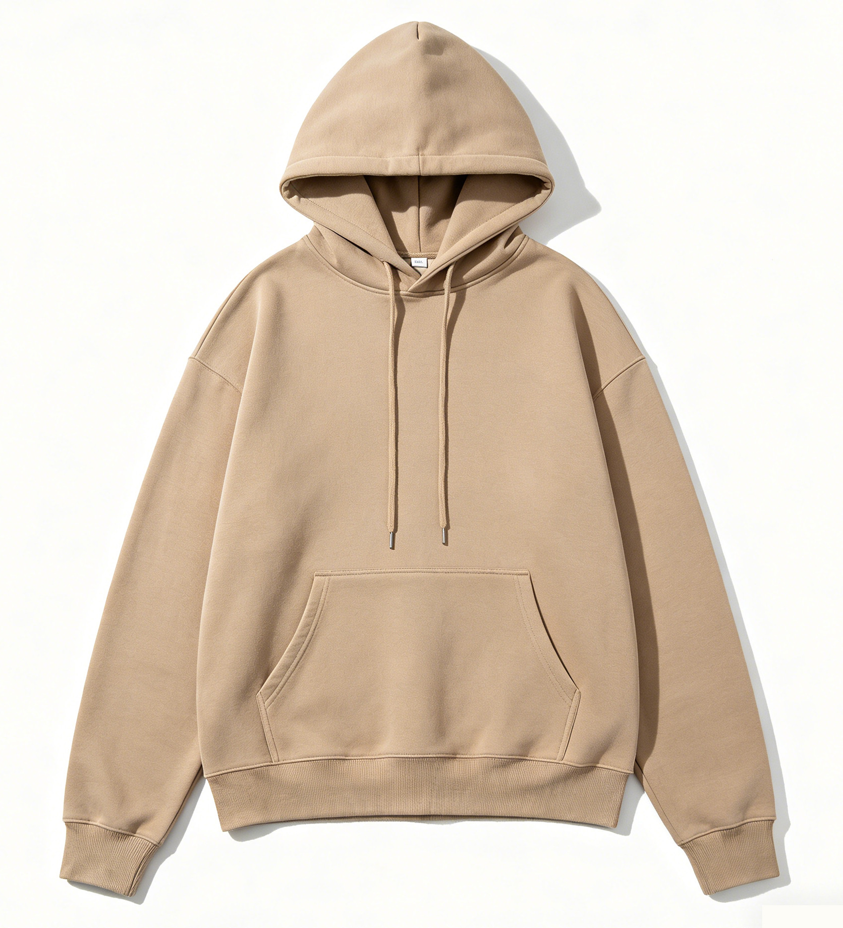 Custom hoodie development desk with fleece swatches, drawcords, rib cuff, print artwork, embroidery patch and tech pack