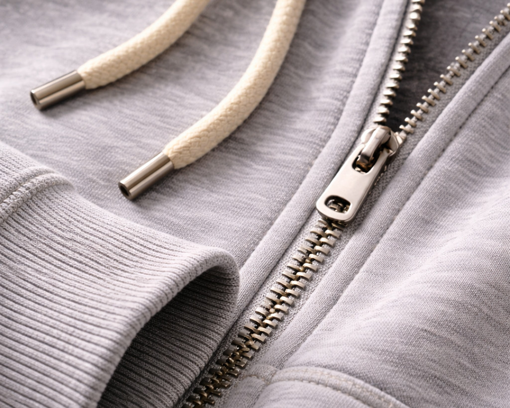 Hoodie rib cuff, drawcord and trim detail