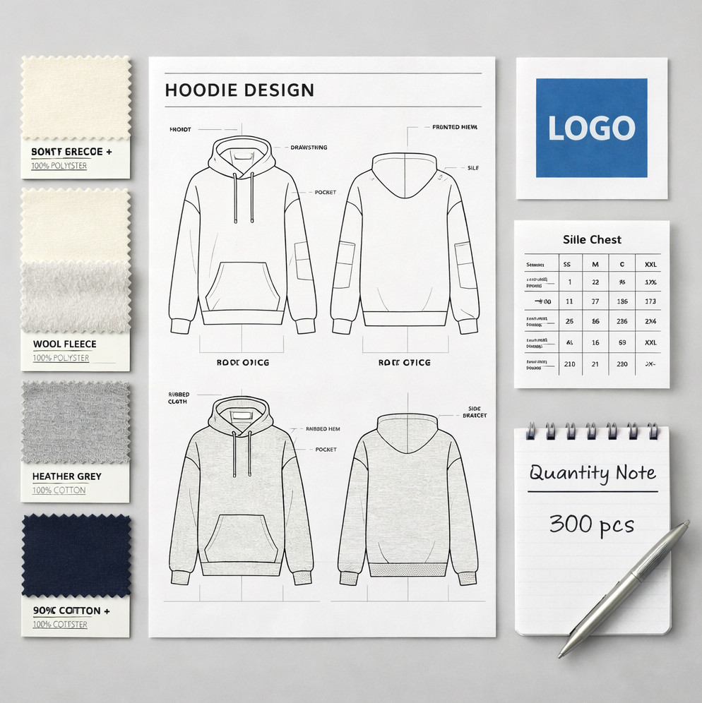 Custom hoodie sample review with fleece swatches, print artwork, embroidery sample, size chart and trim card