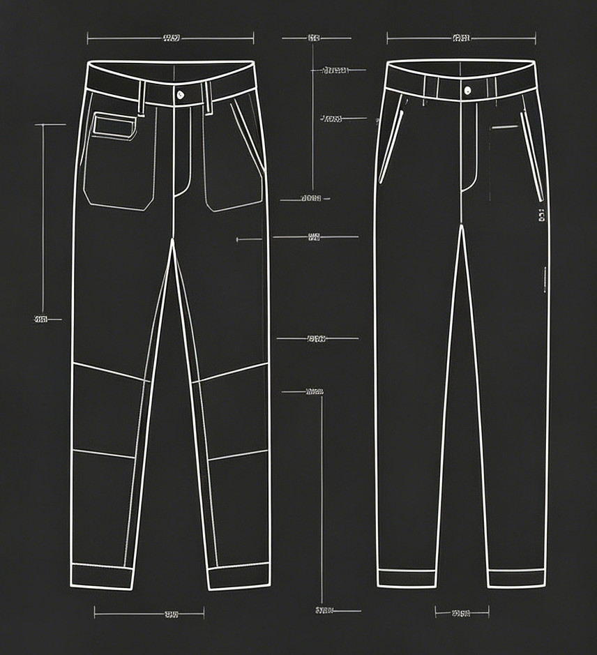 Custom pants development desk with fabric swatches, waistband tape, drawcord, zipper, button, pocket sketch and tech pack