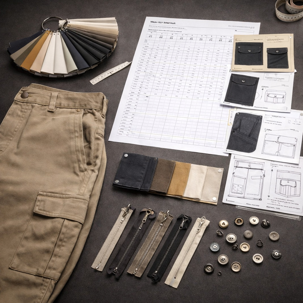 Custom pants sample review with size chart, waist measurement, fabric swatches, pocket details and trim card