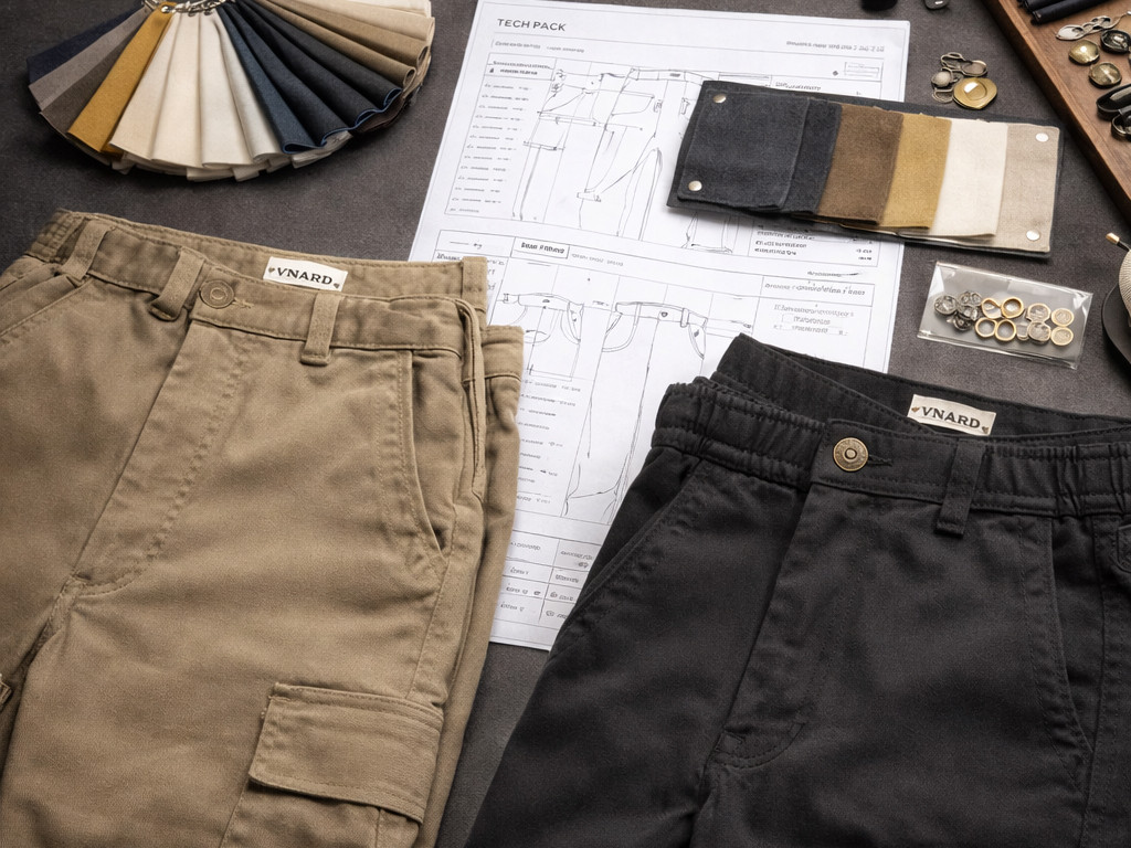 Folded custom pants with waistband trim, pocket detail, label, button, zipper, fabric swatch and tech pack sheet