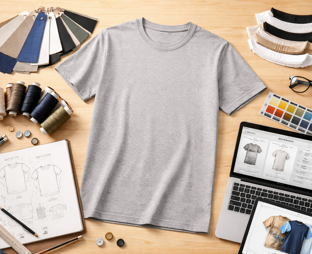 Custom T-shirt development desk with cotton swatches, neck rib, print artwork, embroidery sample, size chart and tech pack