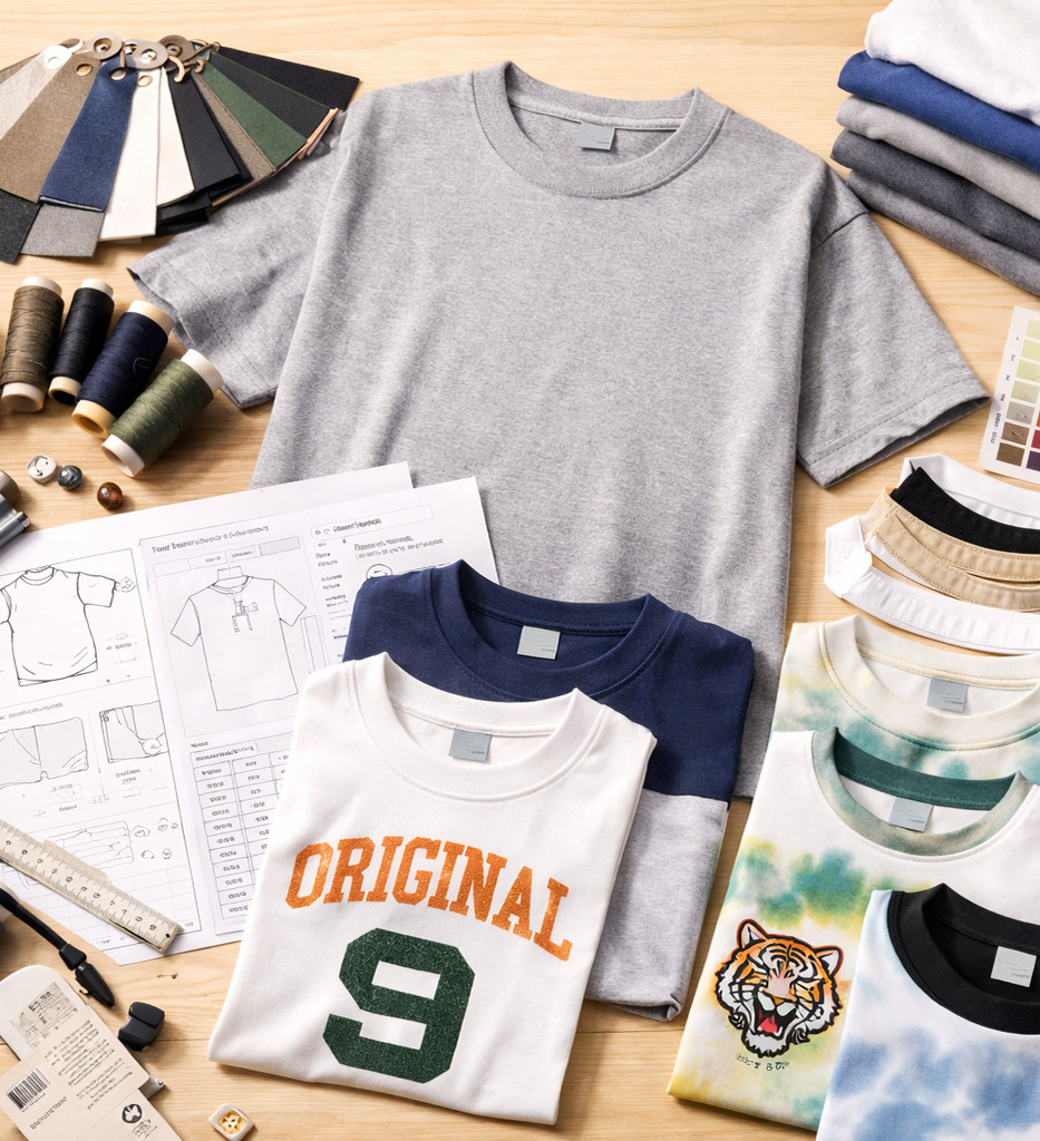 Custom T-shirt development desk with cotton jersey swatches, print strike-off, neck rib, woven labels, measurement sheet and tech pack