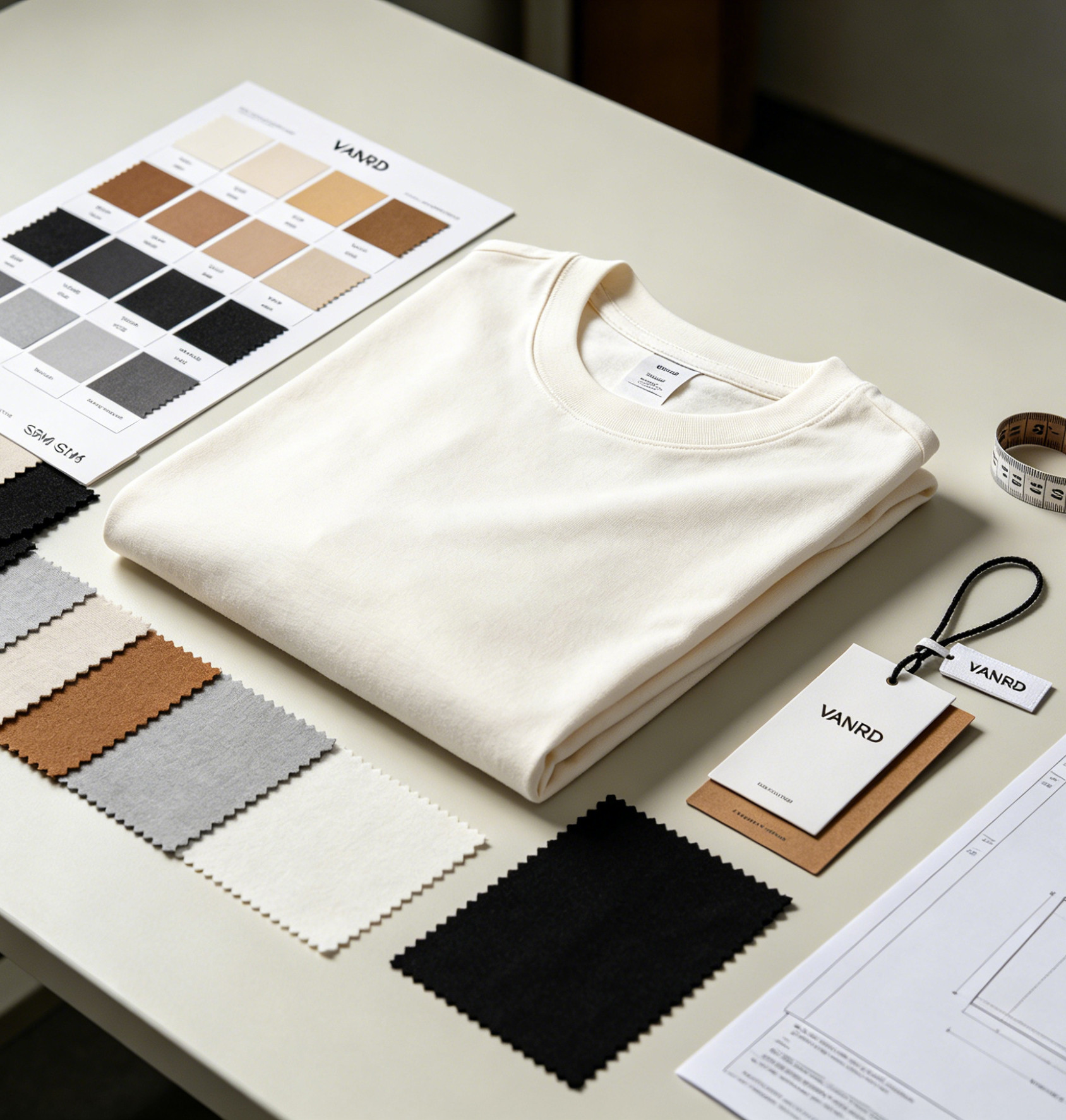 Custom T-shirt quote brief kit with tech pack, cotton swatches, artwork file, size chart, label card and quantity note