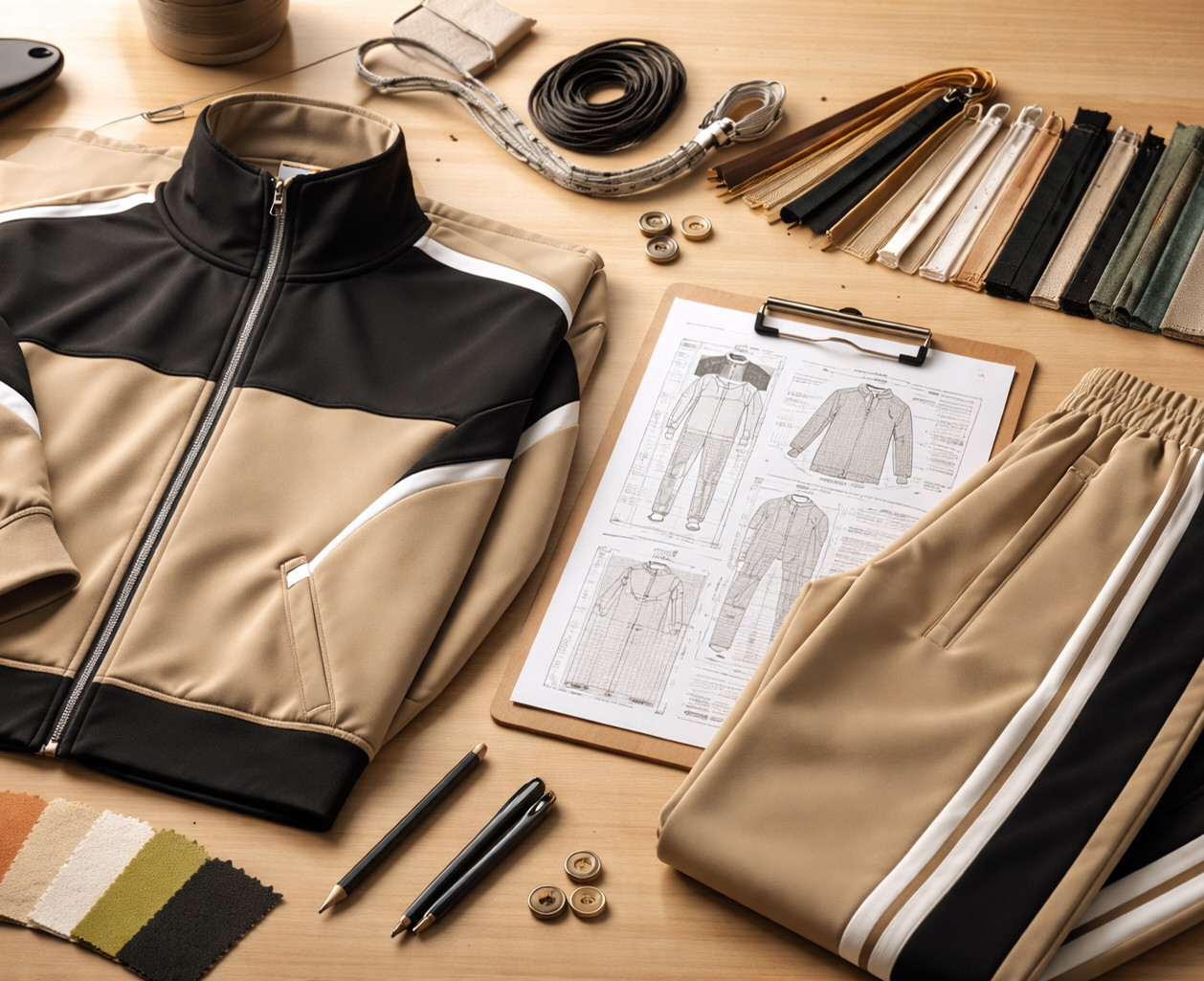 Custom tracksuit development desk with jacket and pants sample, fabric swatches, zippers, drawcords, side tape, artwork and tech pack