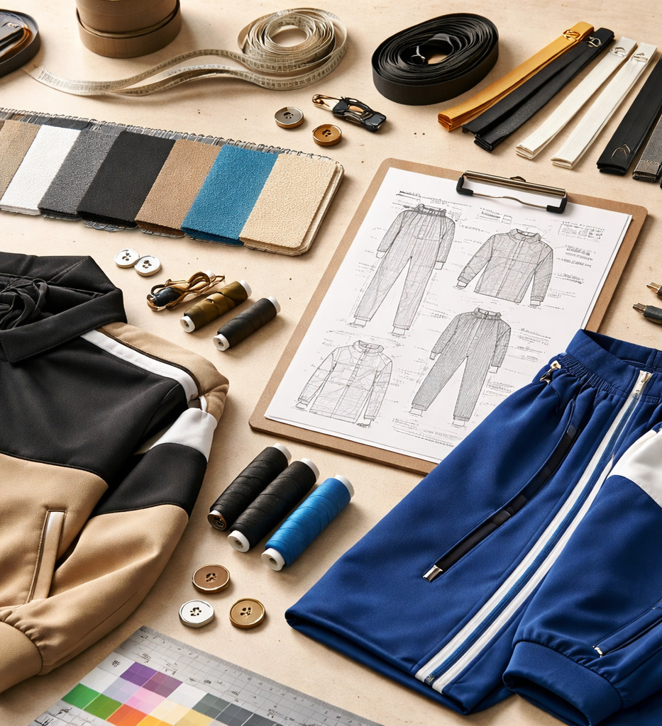 Custom tracksuit development desk with jacket sample, pants sample, tricot fabric, nylon shell, fleece swatches, zipper tape, drawcord and logo artwork