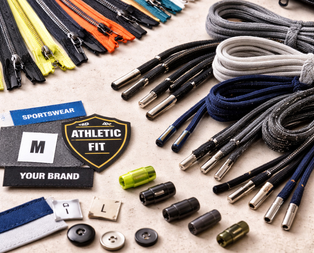 Zippers, drawcords, elastic waistbands and trims for tracksuits