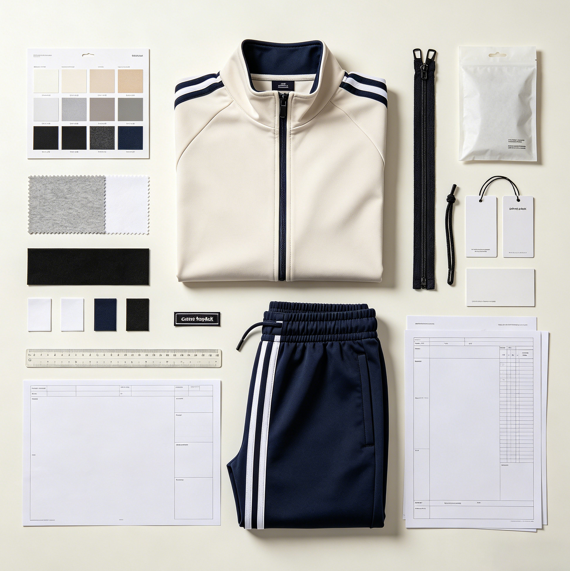 Custom tracksuit sample review with jacket and pants sample, size chart, fabric swatches, trim card and logo placement sheet