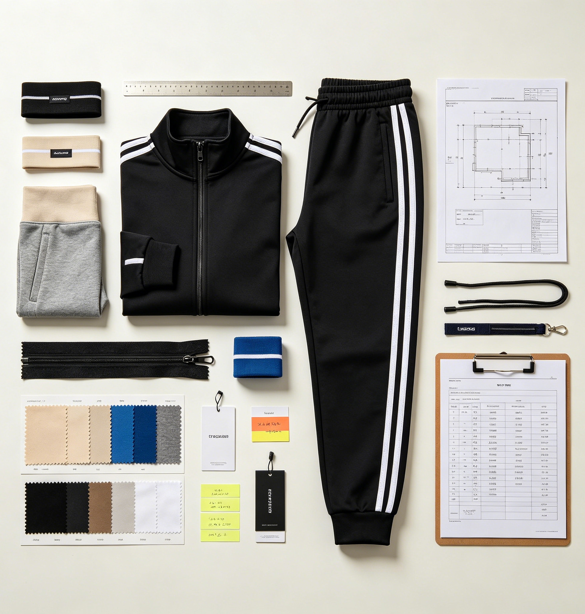 Custom tracksuit quote brief kit with tech pack, jacket and pants reference, fabric swatches, size chart, logo placement and quantity note