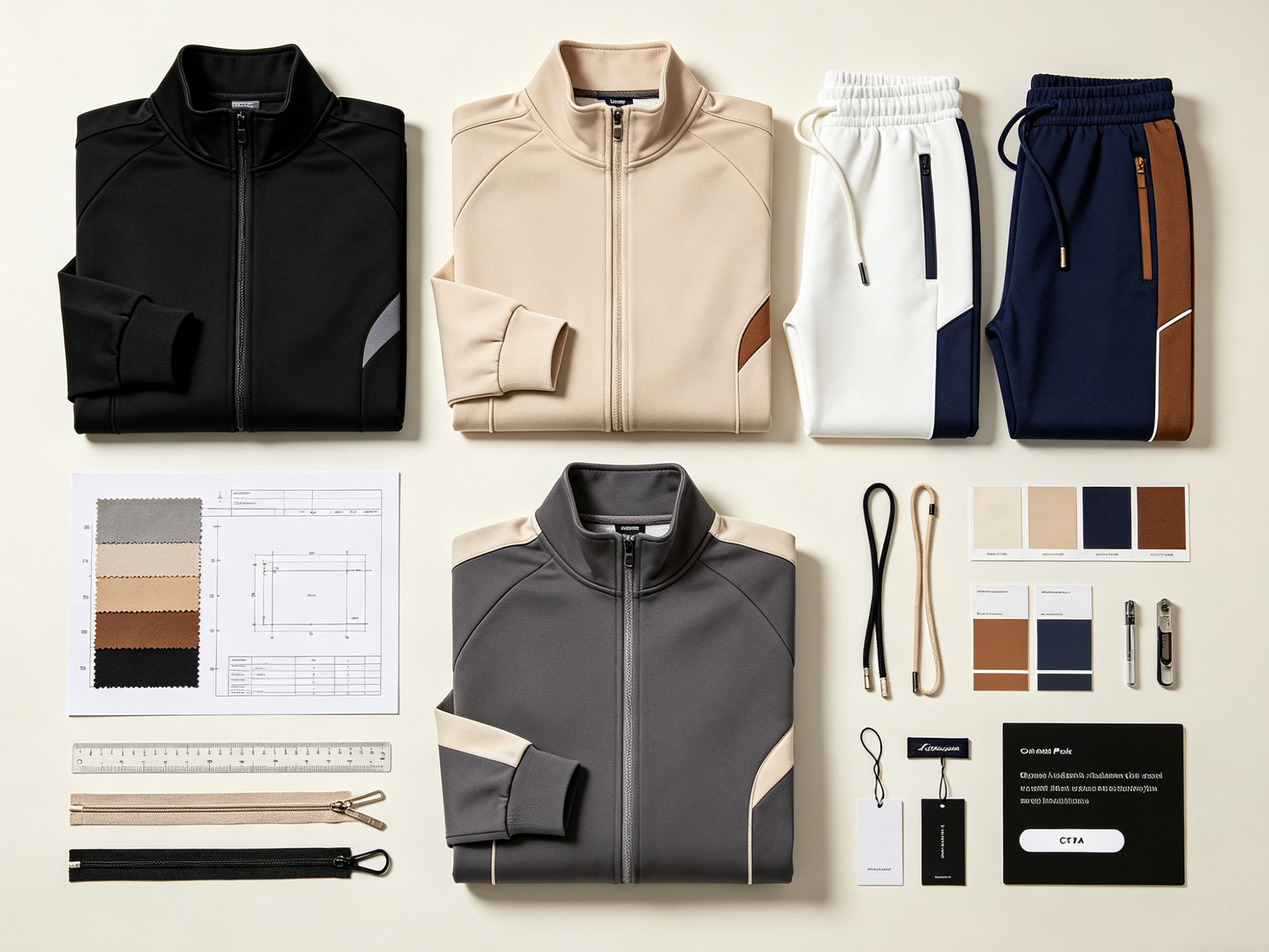 Folded custom tracksuit set with jacket, pants, zipper, drawcord, side tape, logo patch, fabric swatch and tech pack sheet