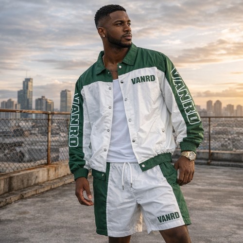 Custom Nylon Tracksuit Set with Snap Jacket and Shorts