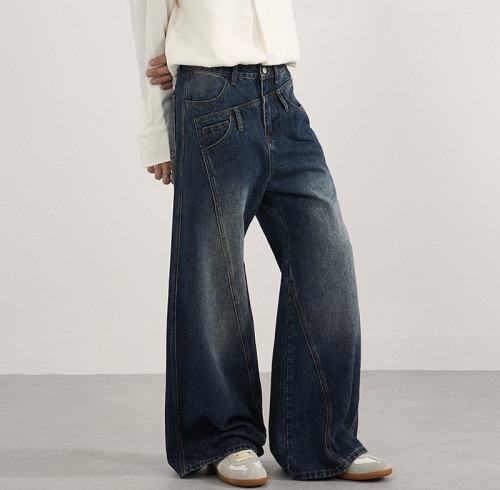 Custom Wide Leg Jeans for Asymmetric Pocket Streetwear