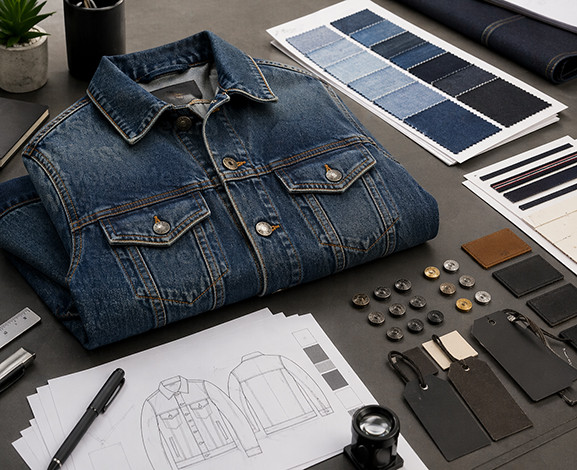 Custom denim jacket development desk with denim swatches, wash cards, metal buttons, rivets, patches, labels and tech pack