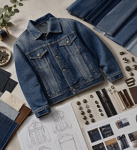 Custom denim jacket development desk with raw denim, wash swatches, rivets, metal buttons, leather patch, labels and measurement sheet