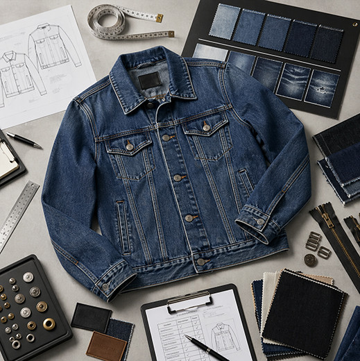 Custom denim jacket sample review with wash references, metal hardware, patch placement, labels and size chart