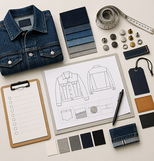 Custom denim jacket quote brief kit with tech pack, wash swatches, hardware card, labels, patch artwork and quantity note