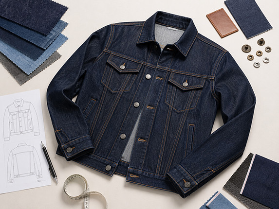 Folded custom denim jacket with wash card, metal buttons, rivets, leather patch, label, fabric swatch and tech pack sheet