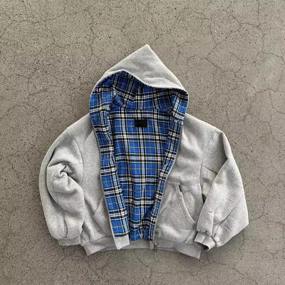 custom zip up hoodies with Plaid Lining for Streetwear