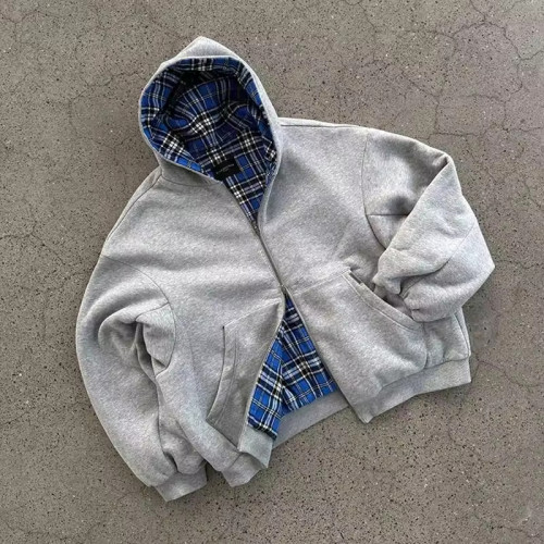 custom zip up hoodies with Plaid Lining for Streetwear