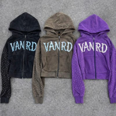 custom rhinestone hoodie for Washed Zip-Up Streetwear