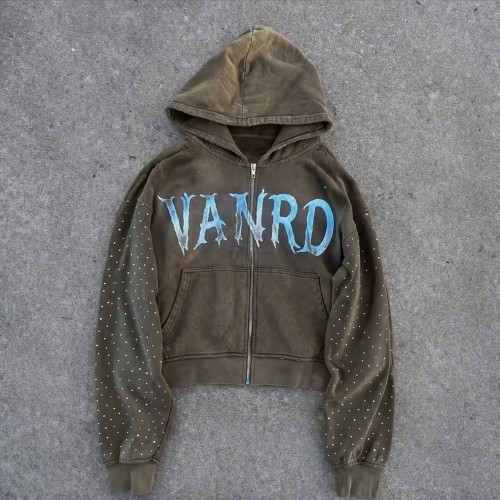 custom rhinestone hoodie for Washed Zip-Up Streetwear