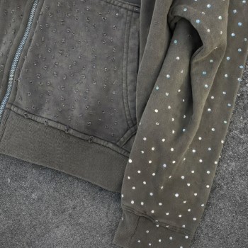 custom rhinestone hoodie for Washed Zip-Up Streetwear