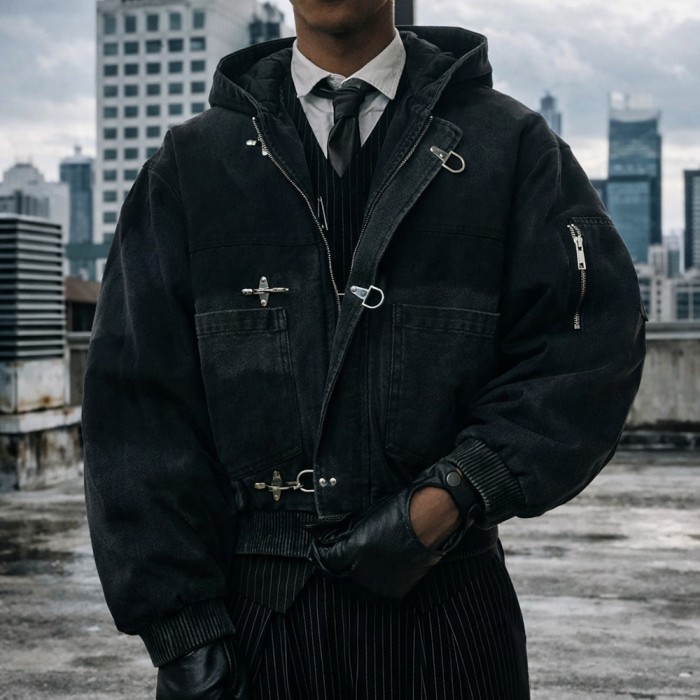 Custom bomber jacket in washed black hooded style