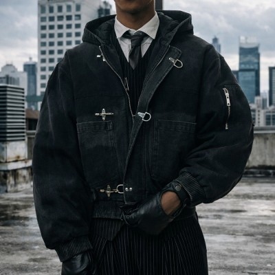 Custom bomber jacket in washed black hooded style