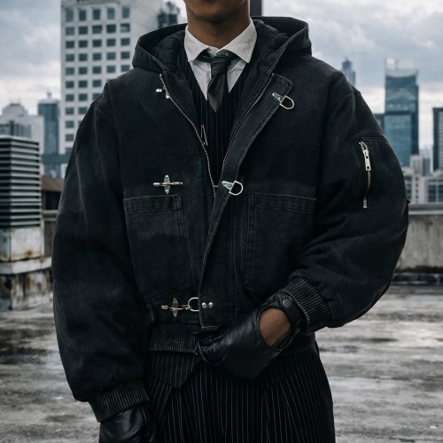 Custom bomber jacket in washed black hooded style