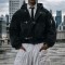Custom bomber jacket in washed black hooded style