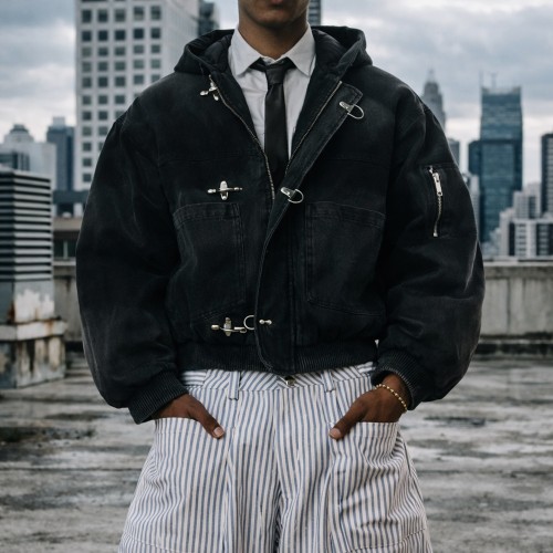 Custom bomber jacket in washed black hooded style